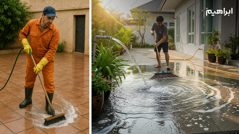 نحوه ی شستشوی حیاط با شلنگ